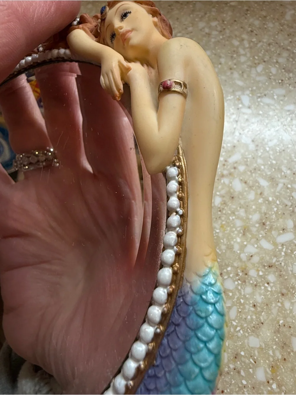 Mermaid Scale Hand Mirror with Green Leaf Accents